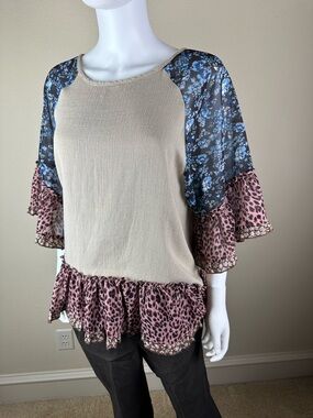 Jmgee beige Top with Blue Floral and Pink Leopard Ruffle Accents